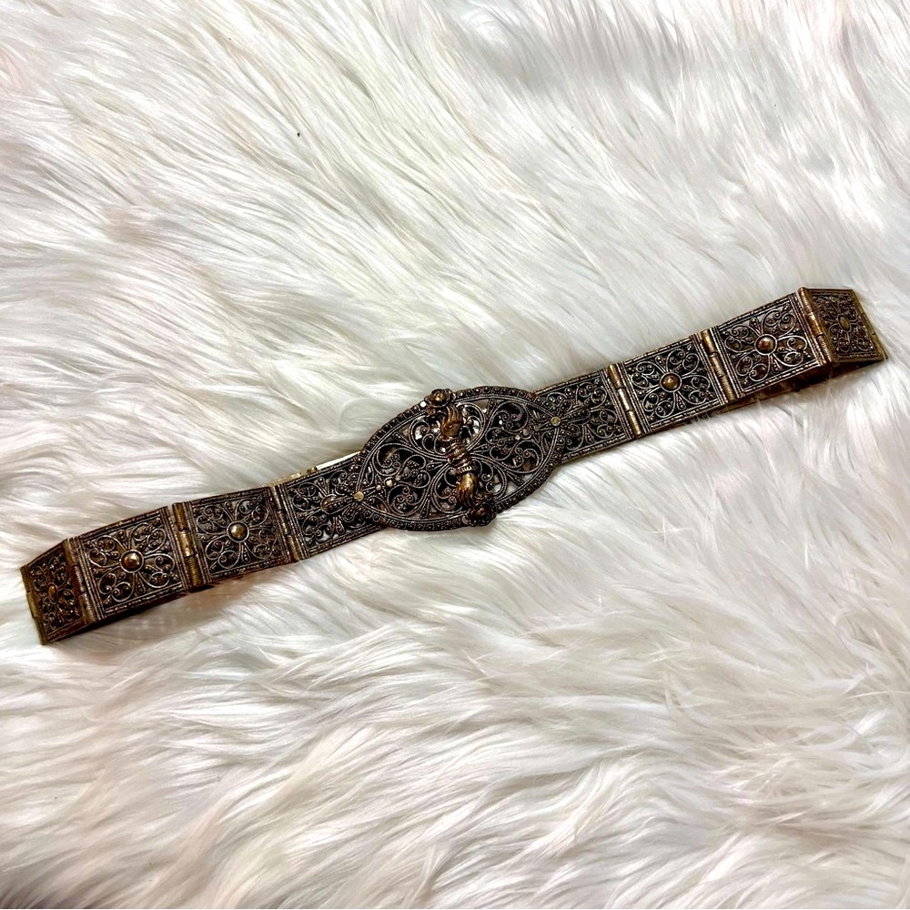 Vintage Solid Metal Silver-Tone Belt w/ Hinged Ornate Filigree Detailed Panels